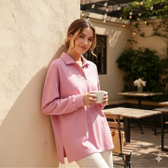 J.ING Jing Pink Oversized Long Sleeve Polo Top One Size NWT - Picture 1 of 7